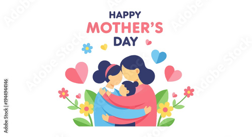 Heartwarming illustration celebrating Happy Mother's Day with a loving family embrace, showing maternal bond and child's affection in a joyful design