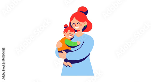 Joyful illustration of a loving mother embracing her happy child, depicting family bonds and tender care