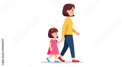Caring mother and joyful daughter walking hand-in-hand, symbolizing a strong family bond, shared moments, and childhood innocence