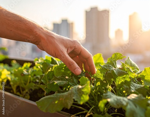 Hands caring for leafy greens in a small urban balcony vegetable garden

