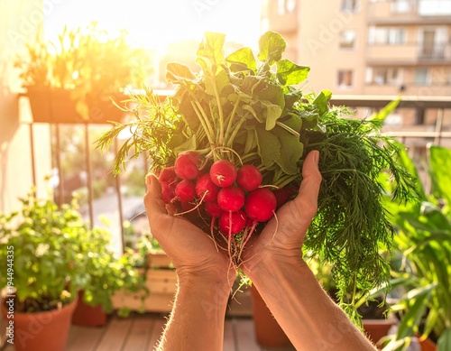 Hands holding freshly harvested radishes from a balcony vegetable garden
