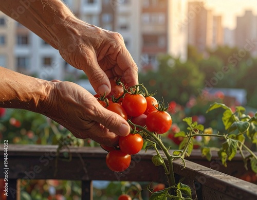 Hands harvesting ripe cherry tomatoes from a balcony garden plant