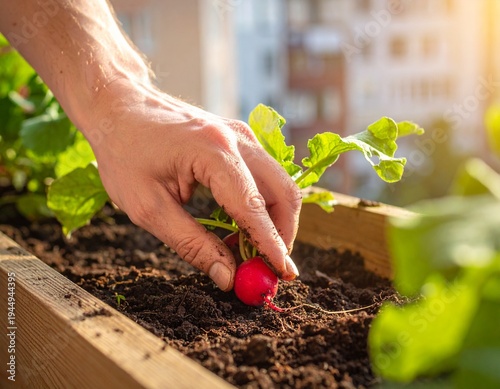 Hands pulling fresh radish from soil in an urban balcony garden
