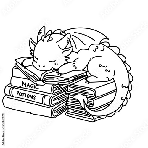 vector illustration of a dragon sleeping on a book