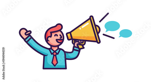 Man with Megaphone Announcing News with Speech Bubbles, Business Communication Concept