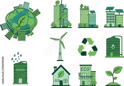 Green energy and sustainable city development icons set, eco-friendly urban living and renewable resources concept