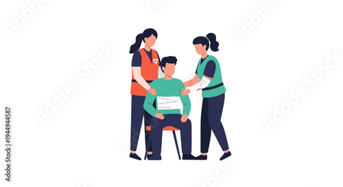 Healthcare professionals offering immediate first aid support and assistance to a patient with a bandaged arm after an injury