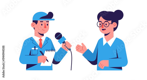 Dynamic illustration of a professional journalist conducting an interview, capturing a compelling conversation with a female subject for news and media