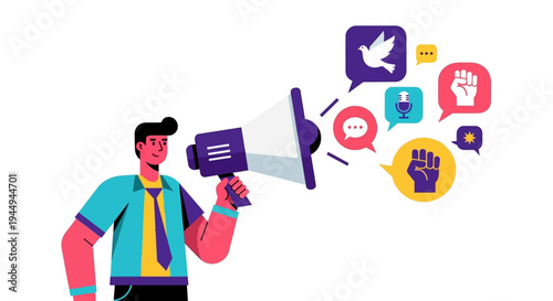 Man with megaphone announcing important messages and spreading awareness with symbols of peace and justice