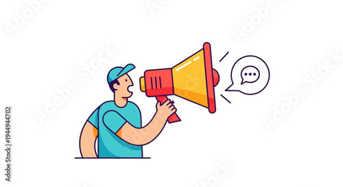 Dynamic Man Shouting Through Megaphone to Announce Important News, Symbolizing Effective Public Communication Strategy