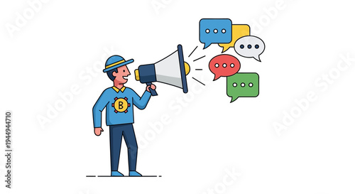 Illustration of a person using a megaphone to broadcast important messages, symbolizing effective communication, marketing, and public announcement outreach