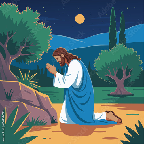 Garden of Gethsemane

Flat vector illustration of Jesus praying in the Garden of Gethsemane, depicting Jesus kneeling beside a rock with hands together in prayer, olive trees and night sky with moon 