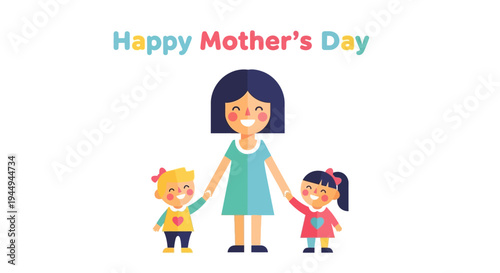 Happy Mother's Day illustration with mom and two daughters holding hands with love and affection