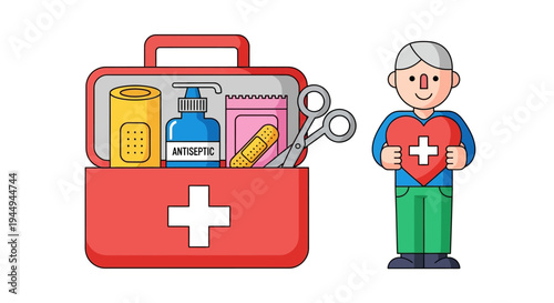 First Aid Kit and Man Holding a Heart, Healthcare and Safety Assistance Illustration