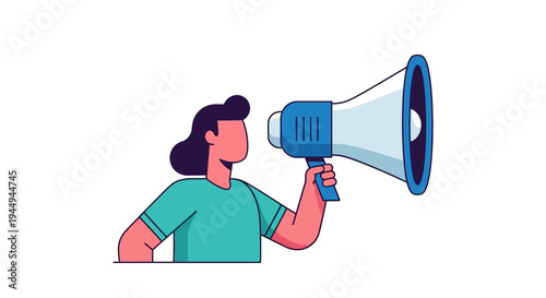 Vibrant vector illustration of a person confidently broadcasting an important message using a large megaphone, symbolizing effective public communication and marketing outreach