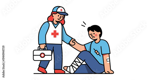 Caring paramedic offers vital first aid and emergency assistance to a distressed individual with a bandaged leg, illustrating urgent medical care