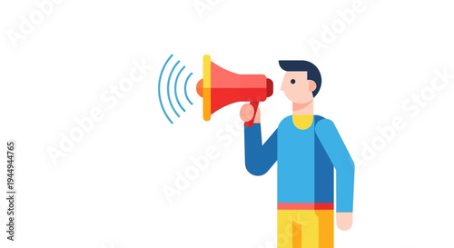 Person holding a megaphone making a public announcement, sharing news and spreading information to an audience