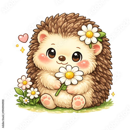 kawaii hedgehog and daisy garden, adorable chibi hedgehog illustration, cute forest animal character design, soft pastel brown cream and yellow palette, tiny round hedgehog with rosy cheeks, surrounde