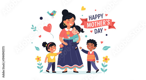 Happy Mother's Day celebration with a loving mother embracing her joyful children in a heartwarming family illustration