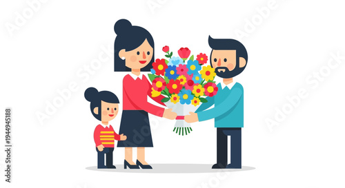 Joyful family celebration father gifts a vibrant floral bouquet to mother, expressing love and appreciation, with their child present