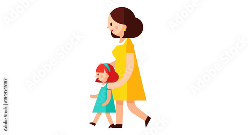 Loving Mother and Her Daughter Enjoying a Leisurely Walk Together, Illustrating Family Connection and Care