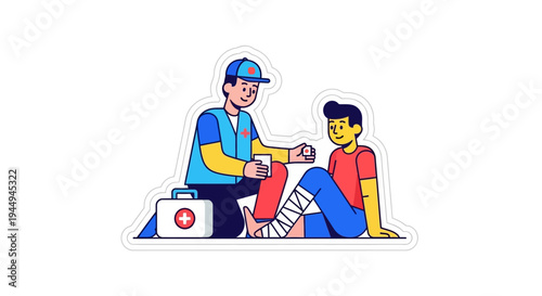 First Aid Illustration A Paramedic Attends to an Injured Person with a Bandaged Leg