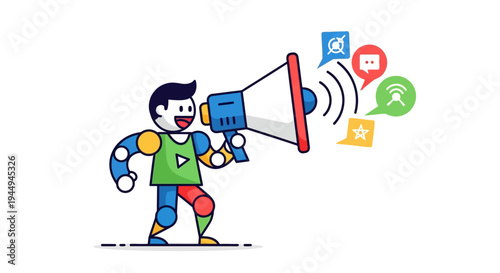 Man with Megaphone Announcing Social Media and Communication Icons