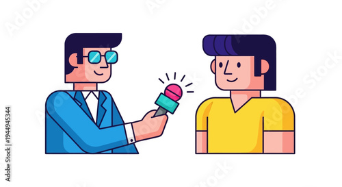 Journalist Interviewing a Man Holding a Microphone and Camera