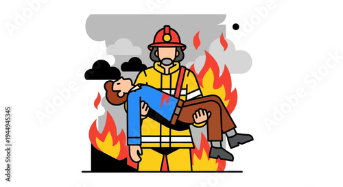 Courageous fire department professional saving a civilian from danger during a structure fire emergency, representing bravery and public service