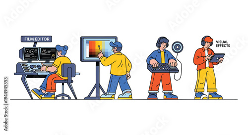 Set of 4 film production crew vector illustrations