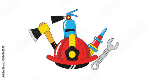Firefighter's essential gear and rescue tools, including helmet, axe, extinguisher, hose nozzle, and wrench, for emergency preparedness and safety operations