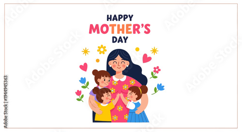 Beautiful illustration of a loving mother embracing her three happy children, celebrating a special family moment filled with warmth and affection