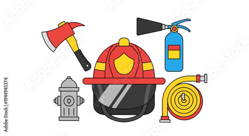 Essential Firefighting Equipment Collection - Vector Illustration of Safety Tools and Gear for Emergency Services