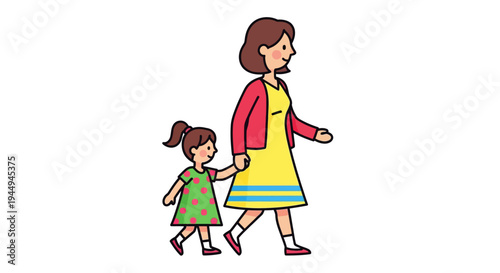 Mother and daughter holding hands walking together, a lovely family moment captured in an illustration