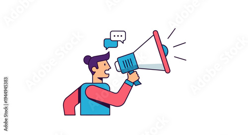 Man with Megaphone Announcing News and Updates with Speech Bubbles on White Background