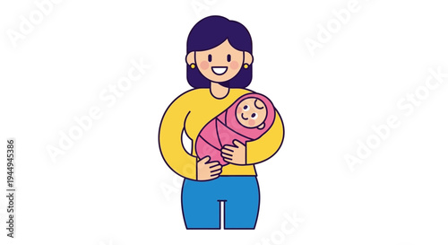 Happy young mother gently cradling her swaddled newborn baby, an illustration of maternal love and family connection
