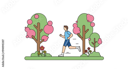 Energetic Outdoor Runner Moving Through Colorful Park Landscape. Vector Illustrations. EPS Editable