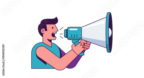 Vibrant graphic illustration of a person urgently communicating a message through a large megaphone, ideal for announcements and marketing campaigns