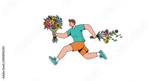 Energetic Runner Carrying Bouquets in Playful Sprint. Vector Illustrations. EPS Editable