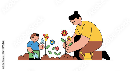 Family Gardening Together Tilting Flower Beds In Bright Garden Scene. Vector Illustrations. EPS Editable