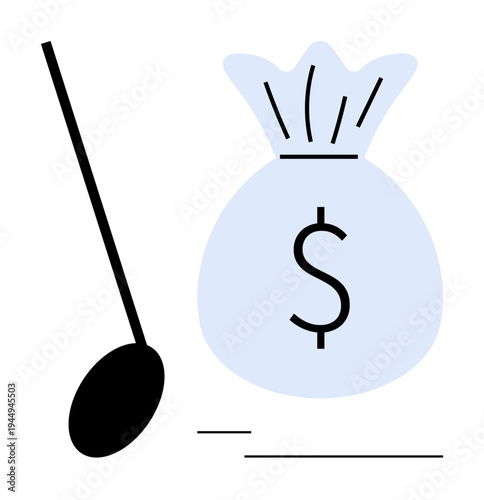 Finance, investment, sports, wealth, business, golfing. A dollar-marked money bag next to a golf club stick. Financial success and sports investment concept
