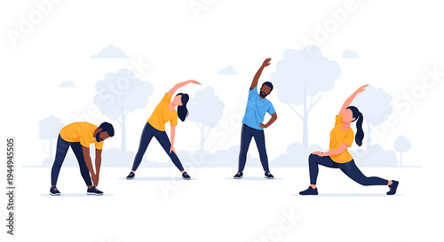 Group Fitness Stretching Routine Demonstrates Dynamic Movement. Vector Illustrations. EPS Editable