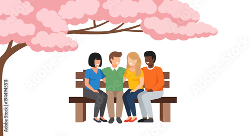 Group of Friends Sitting on a Bench Under Pink Blossoms in the Park. Vector Illustrations. EPS Editable