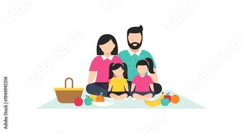 Happy Family Picnic Outdoors With Basket And Blanket. Vector Illustrations. EPS Editable