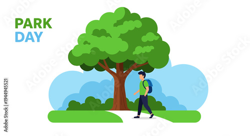 Illustrated Park Day Scene With Walking Figure. Vector Illustrations. EPS Editable