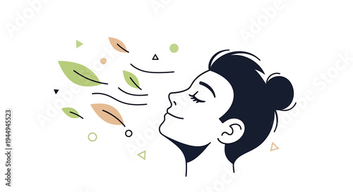 Illustrated profile with Leaves Exhaling Breeze. Vector Illustrations. EPS Editable