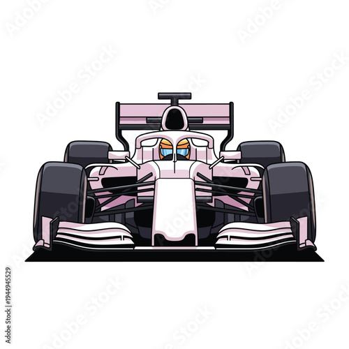 Front‑view racing illustration of a pink and white Formula 1 car with black accents, dynamic cockpit design and yellow windshield showcasing speed