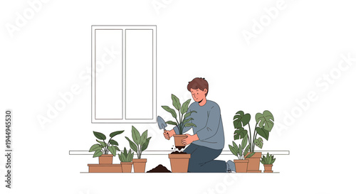 Indoor Gardening Enthusiast Caring for Houseplants. Vector Illustrations. EPS Editable