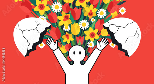 Joyful Breakthrough with Flowers Emerging from Cracked Eggshells. Vector Illustrations. EPS Editable