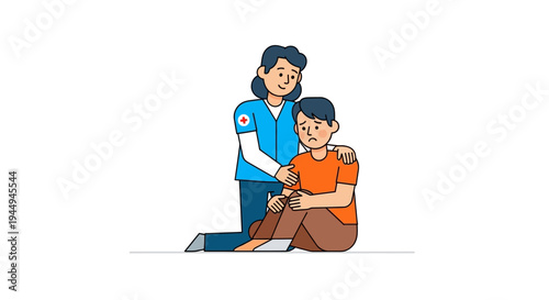 Compassionate caregiver provides first aid and emotional support to a distressed person with knee pain, highlighting care and empathy